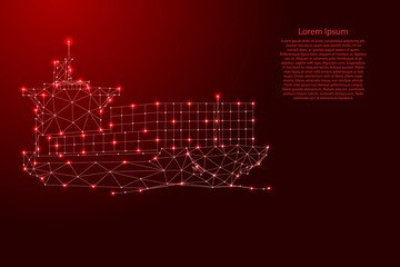 Container ship, from futuristic polygonal red lines and glowing stars for banner, poster, greeting card. Vector illustration.
