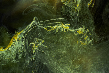 Liquid fluid art abstract background. Black, yellow dancing acrylic paints underwater, space smoke ocean