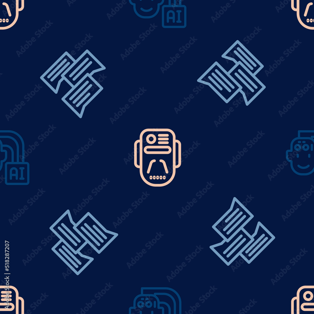 Poster set line humanoid robot, speech bubble chat and artificial intelligence on seamless pattern. vector