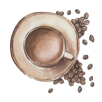 Watercolor illustration of hand painted cup of coffee, cappuccino with foam in brown, beige colors. Morning breakfast routine. Isolated on white food clip art for prints, packaging, pattern making