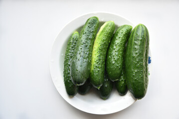 Green juicy cucumbers on a white background.