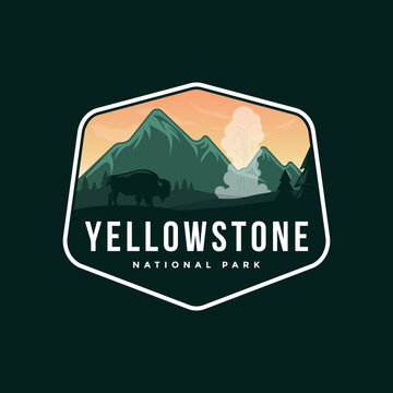 Logo illustrations of Yellowstone National Park emblem on dark background.