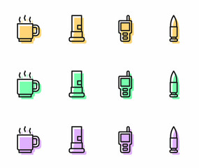 Set line Walkie talkie, Coffee cup, Cartridges and Bullet icon. Vector
