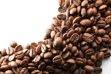 Roasted coffee beans isolated close up on white background, clipping path