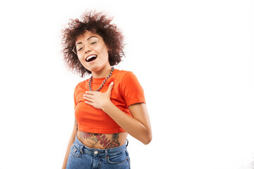 Positive lucky kazakh girl with afro hairstyle laughing rejoices celebrating victory, heard good news isolated on white background