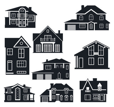 Houses front view isolated Vectors Silhouettes