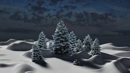 landscape of snow-covered trees in the snow evening stars Christmas night fir trees in the snow. 3d render