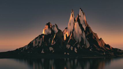 3d render photorealistic landscape of snow-capped mountains in the lagoon of a lake or sea, ocean, evening beautiful sunset