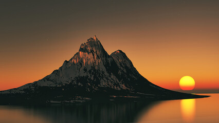 landscape of snow-capped mountains in the lagoon of a lake or sea, ocean, evening beautiful sunset the sun is setting