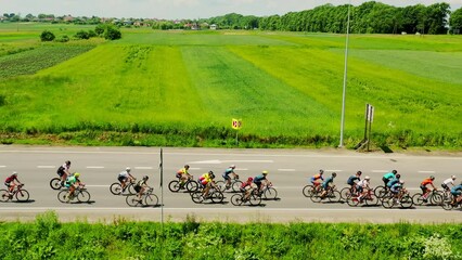 Bicycle racing on the highway. A peloton of cyclists moves against the background of green nature.