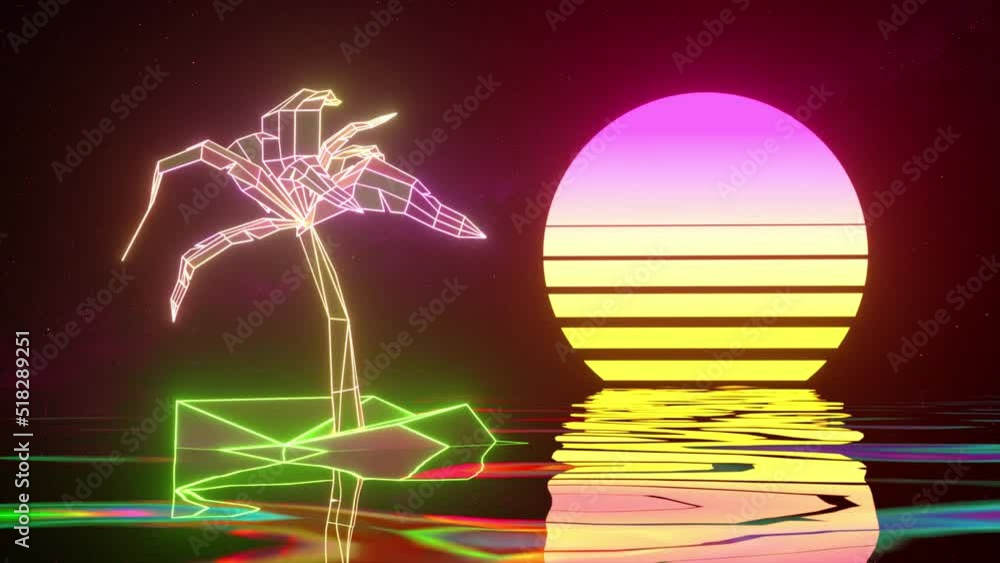 Poster neon palm tree on a retro background. water surface. yellow pink color. 3d animation of seamless loo