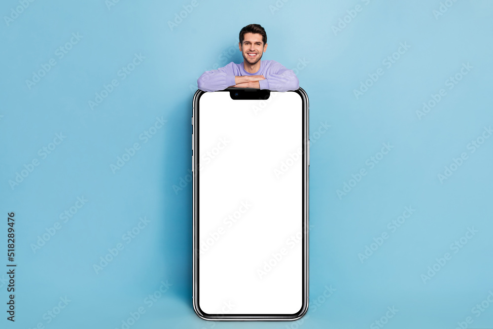 Aufkleber full length body size view of attractive cheery guy demonstrating big copy empty space ad isolated o