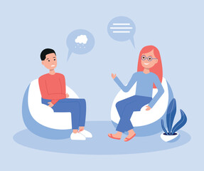 A man at a psychologist's appointment is in a bad mood flat vector illustration. Character boy complains of depression. Psychotherapist provides psychological assistance for mental health