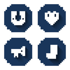 Set line Horseshoe, Heart with clover trefoil leaf, Trumpet and Leprechaun boot with long shadow. Blue circle button. Vector