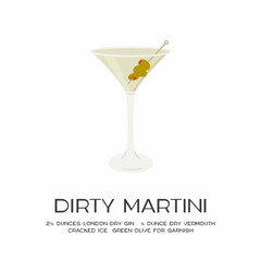 Dirty Martini Cocktail in glass with ice and stuffed olives on skewer. Summer aperitif recipe retro square card. Minimalistic print with alcoholic beverage on white background. Vector illustration.