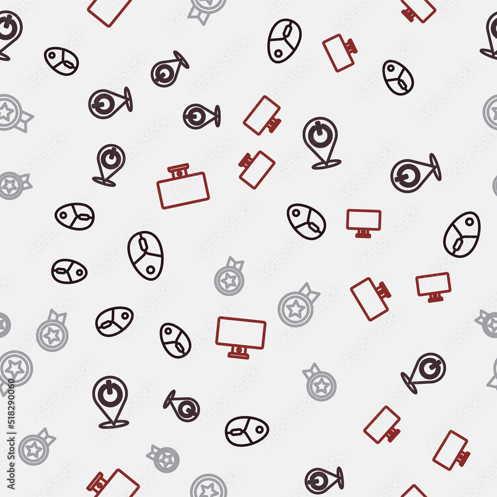 Poster set line computer mouse, power button, game rating with medal and monitor on seamless pattern. vecto