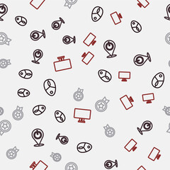 Set line Computer mouse, Power button, Game rating with medal and monitor on seamless pattern. Vector