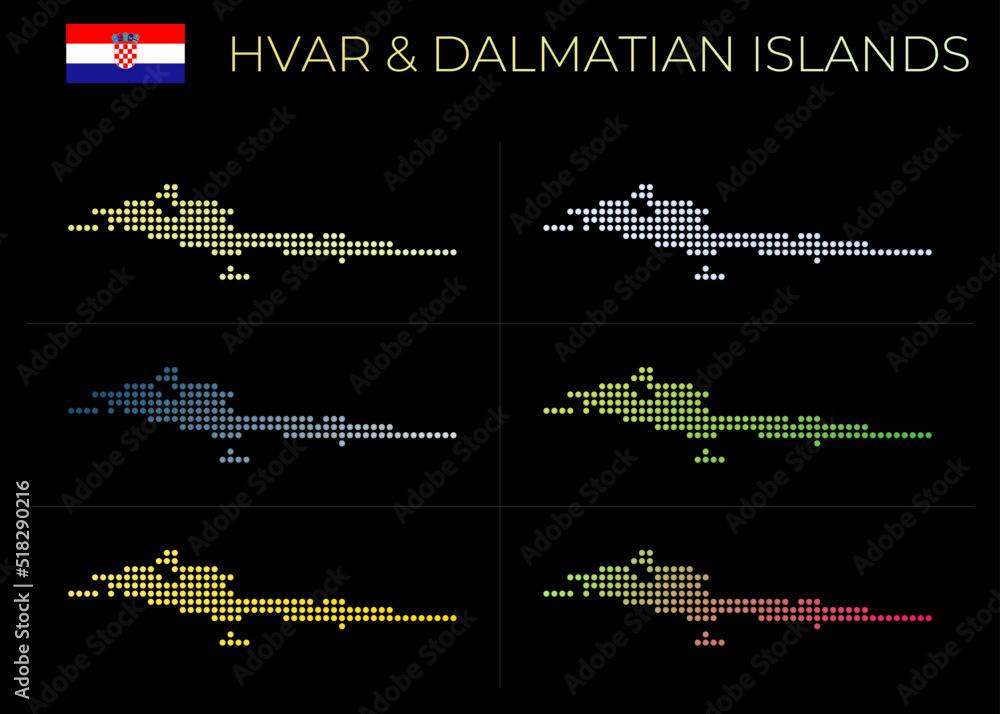 Poster hvar & dalmatian islands dotted map set. map of hvar & dalmatian islands in dotted style. borders of