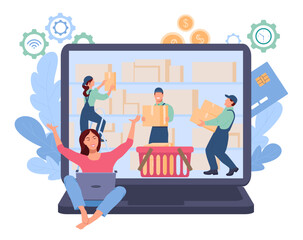 Happy girl is sitting with a laptop on her lap. In the background on the monitor screen, uniformed workers are putting boxes into a large basket. Online store, registration and collection of the order