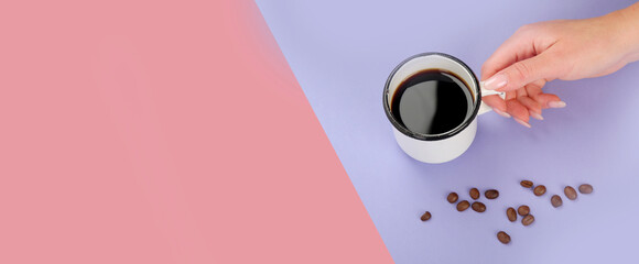Cup of cofee on color background.