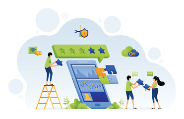 Obraz na płótnie Canvas Mobile apps to analyze ratings and feedback given by users and solve problems with teamwork. Vector illustration design can use for landing page template ui ux web social media poster banner website