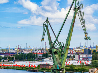 Cranes in Gdansk shipyard, aerial landscape