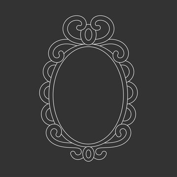 Magic mirror in cartoon style, vector illustration. Oval line frame for print and design. Fairy vintage mirror doddle. Isolated element on chalk board background, graphic template