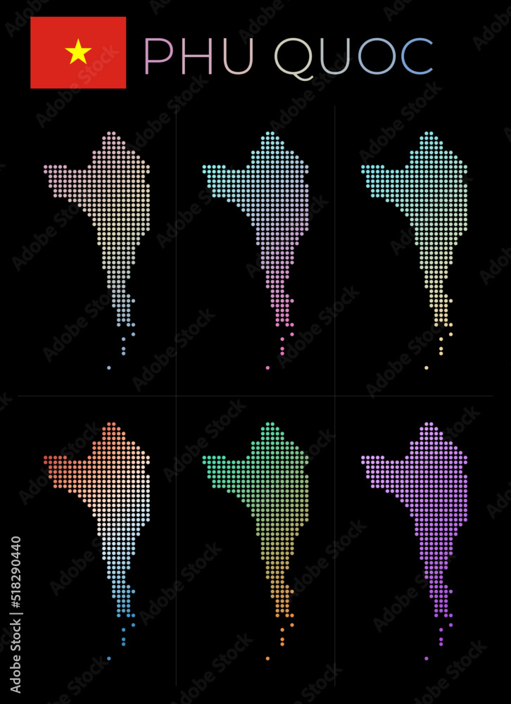 Poster phu quoc dotted map set. map of phu quoc in dotted style. borders of the island filled with beautifu