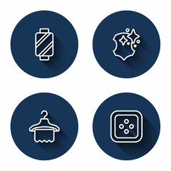 Set line Sewing thread on spool, Leather, Hanger wardrobe and button for clothes with long shadow. Blue circle button. Vector