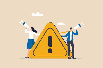 Important announcement, attention or warning information, breaking news or urgent message communication, alert and beware concept, business people announce on megaphone with attention exclamation sign - obrazy, fototapety, plakaty