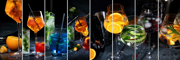 Collage made of Cocktails assortment served on dark background.