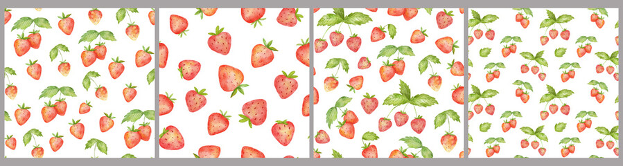 Watercolor seamless pattern with cute strawberry and green leaf. Stylized drawing illustration of summer berry isolated on white