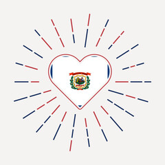 West Virginia heart with flag of the us state. Sunburst around West Virginia heart sign. Vector illustration.