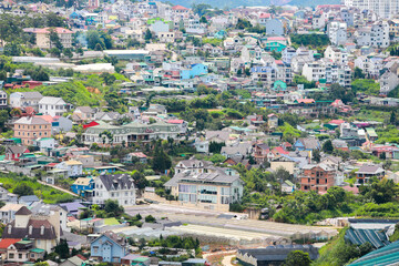 DA LAT CITY, VIETNAM - JULY 15,2022 : Landscape in the city of Da Lat city, Vietnam is a popular tourist destination. Tourist city in developed Vietnam.