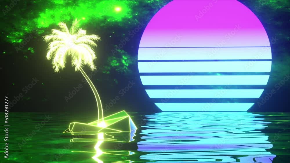 Poster retro futuristic background. neon palm tree and sunset in the ocean. blue green color. 3d animation 