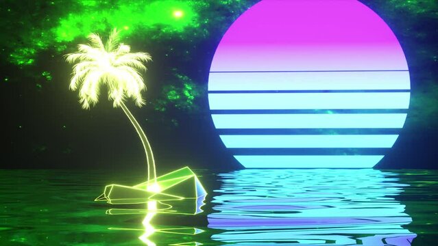 Retro futuristic background. Neon palm tree and sunset in the ocean. Blue green color. 3d animation of seamless loop