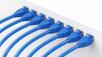 Network wires are connected to the switch. Ethernet cables on the background of white equipment. 3d render