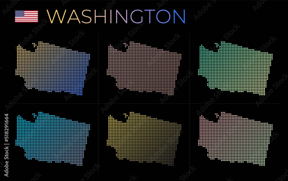 Poster washington dotted map set. map of washington in dotted style. borders of the us state filled with be