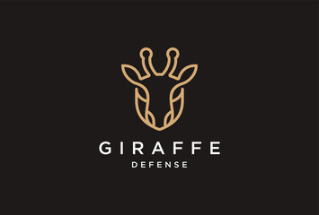 Giraffe logo design with Giraffe head and shield line art design gold color