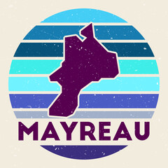 Fototapeta na wymiar Mayreau logo. Sign with the map of island and colored stripes, vector illustration. Can be used as insignia, logotype, label, sticker or badge of the Mayreau.