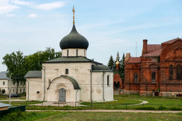 St. George's Cathedral and white stone carvings on the walls. Yuryevsky Kremlin (Archangel-Mikhailovsky Yuryevsky monastery). Yuryev-Polsky town, Vladimir region, Russia