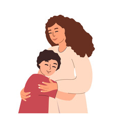 Obraz premium Loving Mother and boy son child hugging together.Love of mom and her child.Family relationships,Support and love.Warm hugs.Happy Woman and kid son.Flat vector illustration isolated on white background