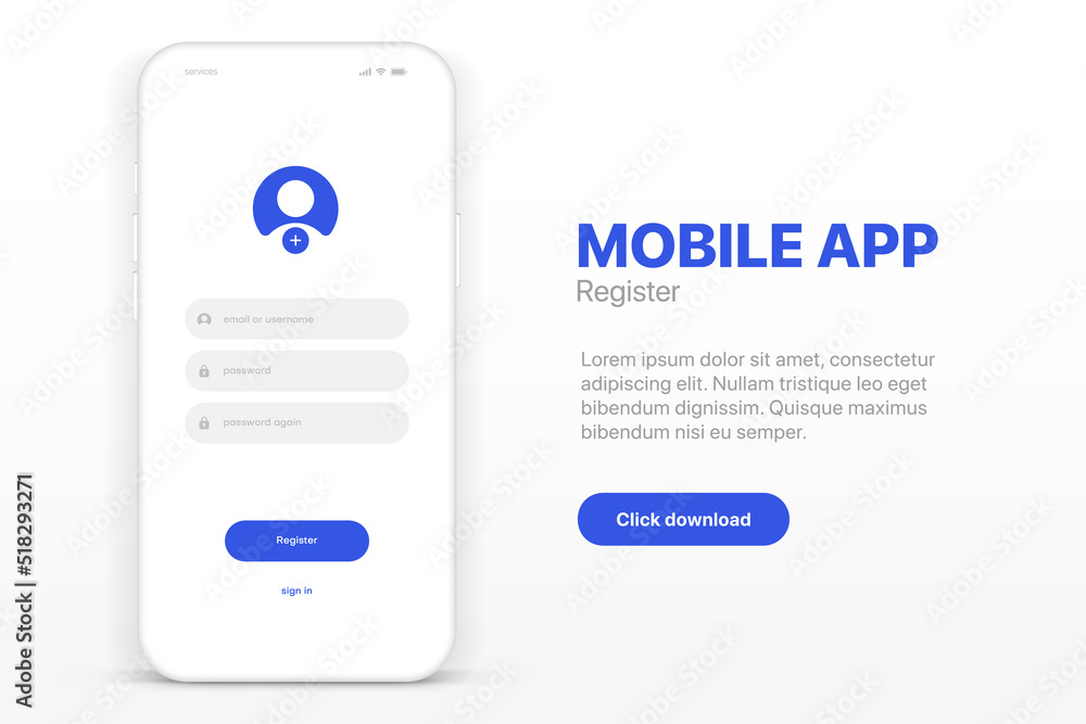Poster Log in screen. Mobile application interface, registration form with login and password fields. Website UI UX with buttons and network account sign. Vector web page mockup for smartphone.