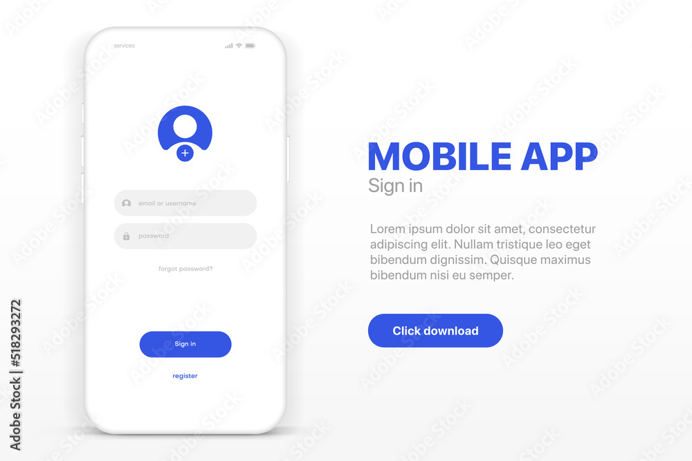 Fototapete Log in screen. Mobile application interface, registration form with login and password fields. Website UI UX with buttons and network account sign. Vector web page mockup for smartphone.