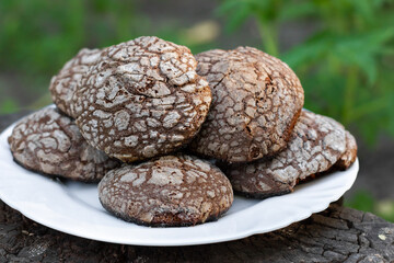Chocolate biscuits on a plate. Homemade baking.