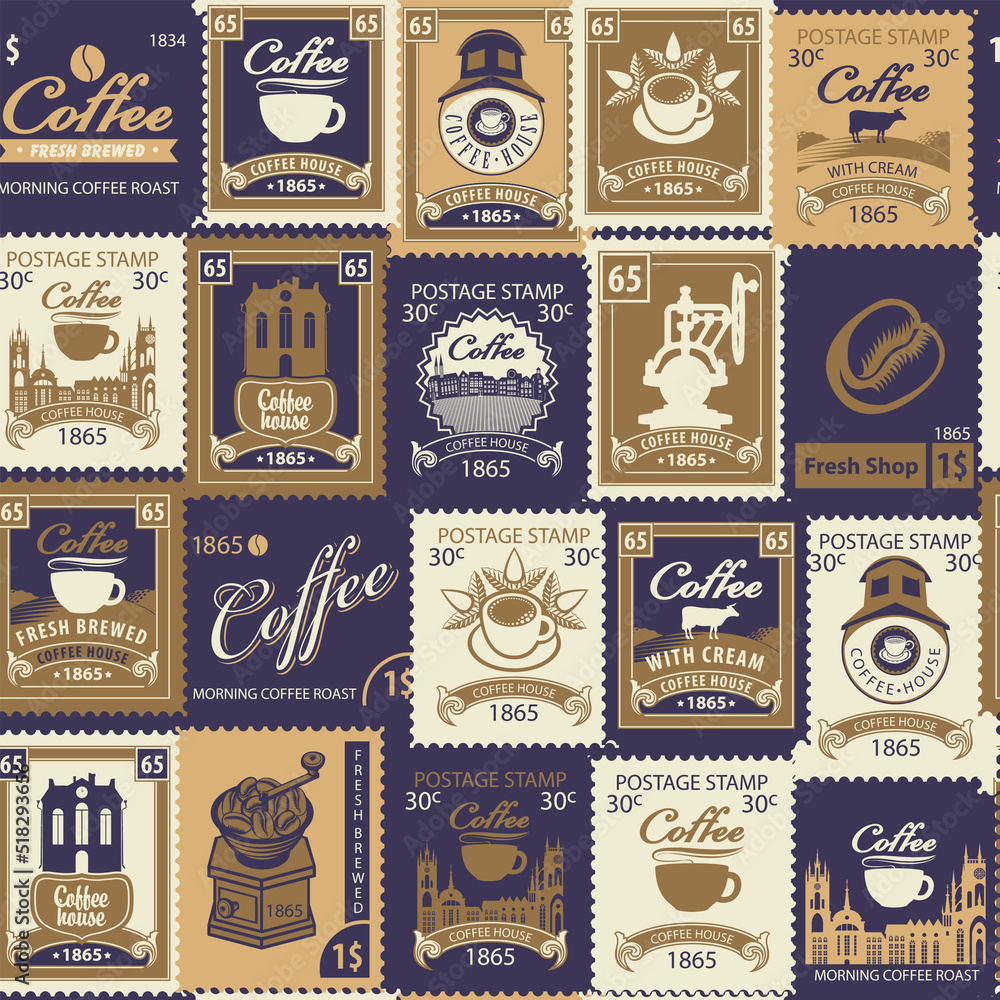 Poster seamless pattern on the theme of coffee and coffee house. repeating vector background with various p