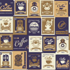 Fototapeta premium Seamless pattern on the theme of coffee and coffee house. Repeating vector background with various postage stamps in retro style. Suitable for wallpaper, wrapping paper, fabric, package.