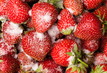 Strawberries sprinkled with sugar, close-up view from above.