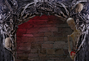 scary, surreal background with skeleton, skulls, halloween concept, time passed, end of life,...