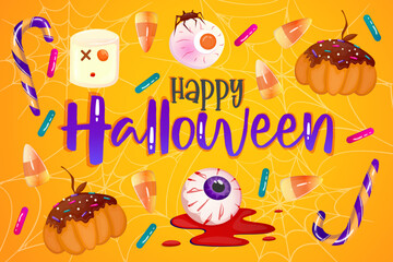 Happy Halloween banner orange with dessert, candy corn and eyeball. Cute background. Vector design. Modern concept design. Happy halloween. Web banner template